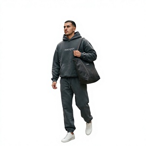 Ensemble de survêtement gris foncé pour homme, sweat à capuche et pantalon de jogging oversize, style streetwear, avec logo brodé personnalisé, en coton épais, deux pièces - Product Image 1