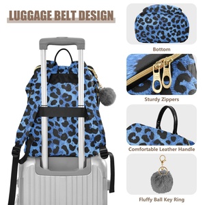 Blue Leopard Print Patters Fashion Women <b>Large</b> Size <b>Backpack</b> with Fluffy Ball Key Ring Customs Design logo - Product Image 4