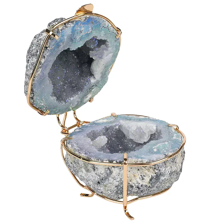 Anillo de cristal de lujo con piedra Natural pulida, caja de joyería de Aura drusa, de cuarzo, para regalo de boda, venta al por mayor