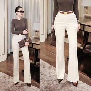 Pantalon mi-évasé pour femme, décontracté, uni, tissé, style vietnamien, mode estivale, séchage rapide, léger, polyester élasthanne, OEM - Product Image 4