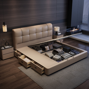 Meubles de chambre à coucher en bois de luxe moderne, lits rembourrés doux, lit double taille Queen, cadre de lit et ensemble de <span class=keywords><strong>matelas</strong></span> avec design de rangement - Product Image 5
