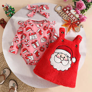 Baby Girl Weihnachten Lebkuchen Weihnachts mann Rock Anzug Langarm Ha Kleid mit träger losem Rock 3 Stück Set Baumwoll stoff Fleece - Product Image 1