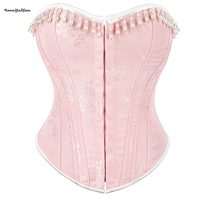 Femmes grande taille S-XXL rose Floral Jacquard surbuste Corselet Vintage perles gland à lacets désossé Corset boucle contrôle ferme