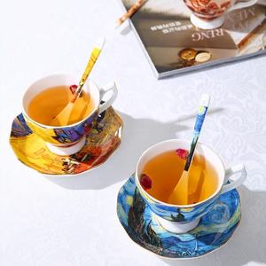 250mlレトロなスタイルのコーヒーマグゴッホ絵画付き手作りアフタヌーンセラミックティーマグとソーサーセット - Product Image 2