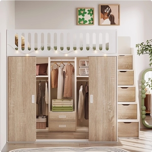 Ensemble de chambre à coucher moderne en bois de chêne double pour enfants et adultes, <span class=keywords><strong>lit</strong></span> mezzanine avec armoires, panneau de rangement en bois, style design - Product Image 1