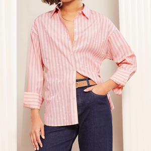 Camicie in tessuto di <span class=keywords><strong>lino</strong></span> a manica lunga personalizzate per le donne camicette Casual a righe di cotone con decorazione a bottone per la primavera - Product Image 1
