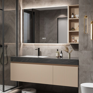 Smart Lighting Stone Slab Ceramic Seamless Integration One-Piece Basin Solid Wood Bathroom Cabinet - Product Image 5