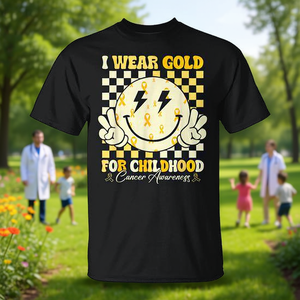 Indosso una maglietta con nastro dorato per la consapevolezza sul cancro infantile - Product Image 3