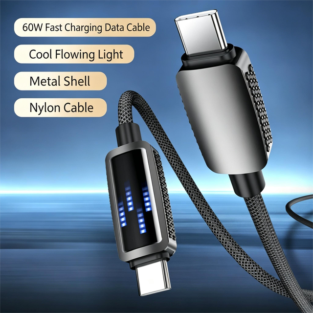 60W PD USB-C to USB-C Fast Charge Cable, Zinc Alloy Housing, LED Flow Light, for iPhone 15/16 & Type-C Devices