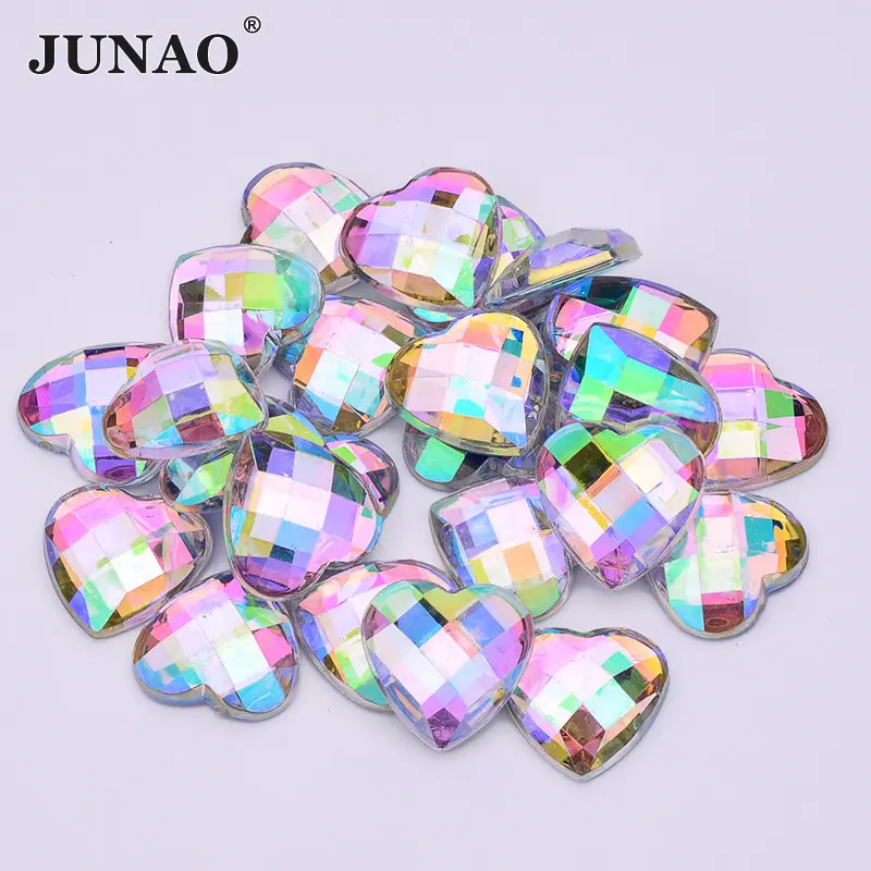 JUNAO 8 10 12 14 18mm Crystal AB Heart Rhinestones Flat Back Acrylic Crystal Strass Non Hotfix Crystals Stones DIY