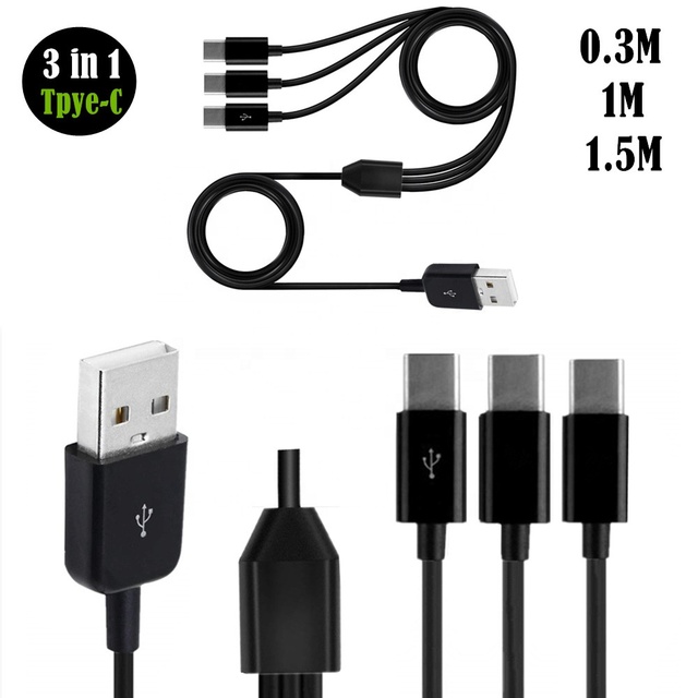 Type-C One-to-Three 3-Port USB-C Charging Cable with 3A Fast Charging PVC Material 2m Length