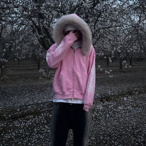 <span class=keywords><strong>Felpa</strong></span> Invernale Huili da Uomo <span class=keywords><strong>Oversize</strong></span> con Cappuccio Staccabile in Pelliccia Sintetica e Cerniera in Spugna Francese Pesante <span class=keywords><strong>Rosa</strong></span> a Tinta Unita con Stampa Logo Personalizzato - Product Image 3