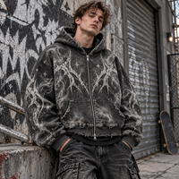 Sweat à capuche zippé personnalisé pour homme, épais, délavé, effet vieilli, motif gothique, coupe oversize, style streetwear vintage, vente en gros B2B, OEM