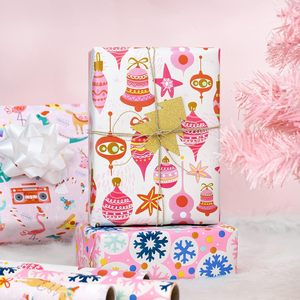 <b>Pink</b> Christmas Wrapping Paper 17in x 120in Per Roll Snowflake Unicorn Bell Design For Gift Craft Recyclable Double Side - Product Image 5