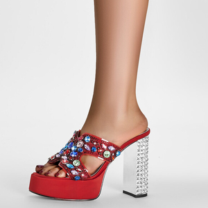 Sandales à talons épais pour femmes, à bout ouvert, avec plateforme, ornées de strass argentés et de diamants colorés, style mules de bureau - Product Image 3