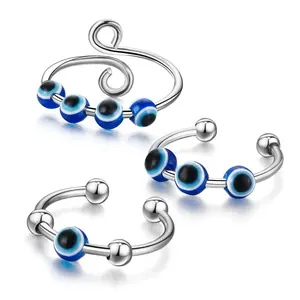 Wholesale Silver Plated Stainless Steel Rotatable Beads Women Adjustable Decompression Anxiety Fidget Evil Eye Rings Jewelry