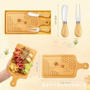 Solid Wood Honeycomb <b>Cheese</b> Board With <b>Knife</b> And Fork <b>Set</b> For Kitchen Serving And Plating Tray - Product Image 4