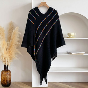 Women Striped Fringe Knitted Shawl Bohemian Acrylic Warm <b>Poncho</b> Scarf 80*97cm - Product Image 4