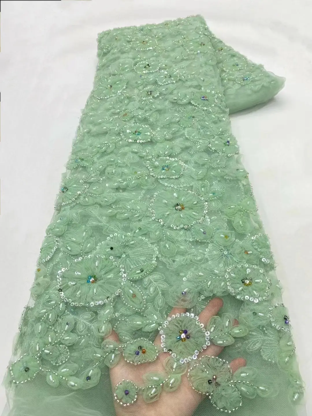 Perline pesanti ricamate in pizzo 2024 pizzo francese con perline e paillettes in maglia di lusso in Tulle tessuti da sposa per la festa di nozze