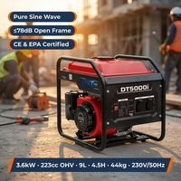 Générateur onduleur à cadre ouvert 4kW 4 temps 223cc OHV 78dB Onde sinusoïdale pure 9L 4.5H CE EPA Démarrage par lanceur 230V pour usage domestique et construction