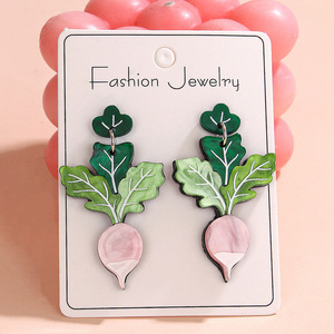 Nouvelles boucles d'oreilles Cenda faites à la main, en acrylique, avec feuilles de <span class=keywords><strong>lupin</strong></span> vertes, carottes roses, fruits mignons et radis, serties en clos - Product Image 3