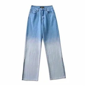 Liluo Wit Blauw Gestikt Vrouwelijke Jeans Broek Custom Rechte Buis Split Casual Denim Vrouwen Skinny Denim Jeans