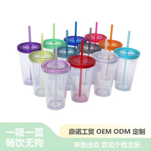 Shang Kou Ai 16Oz Double Walled Plastic <b>Cup</b> Transparent Colored <b>Lid</b> <b>With</b> Straw <b>Reusable</b> Gift <b>Cup</b> For General Use - Product Image 4
