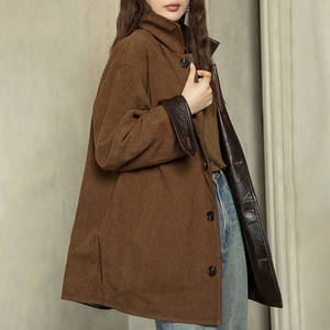 Manteau en cuir à simple boutonnage et col de chemise vintage Veste en cuir de mouton à cordon de serrage pour femmes - Product Image 4