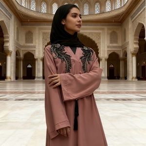 Elegant Closed Abaya Garment with Waist Tie Tassel and Intricate Black <b>Applique</b> Embroidery for Islamic Women (style 6510) - Product Image 4