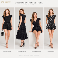 Robe Courte Noire Femme à Manches Volantes, Volants Superposés, Bordure en Dentelle, Ceinture à Nœud, pour Soirée, Personnalisable, OEM, Vente en Gros