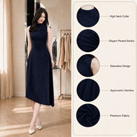 Robe midi en maille élégante et ajustée, sans manches, col semi-montant asymétrique, style français, couleur unie, collection été 2026