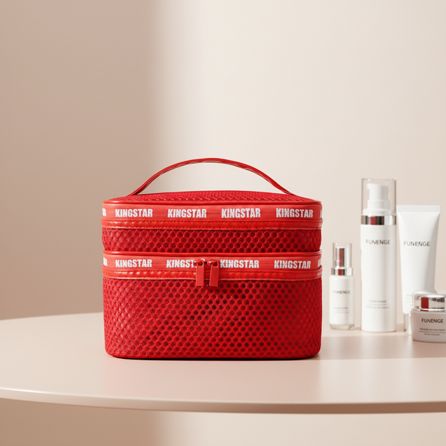 Custom Logo Travel Portable Makeup Cosmetic Bag New Fashion Designs Red Mesh Double-layer Mesh Makeup Case With Handle