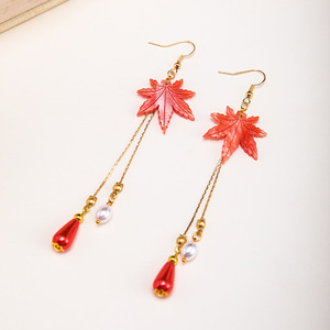 New Chinese style earrings, antique style women's ear <b>clips</b>, red maple leaf Chinese style tassel earrings, Hanfu accessories. - Product Image 3