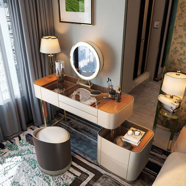 OEM All Solid Wood Dressing Table Tempered Glass Countertop Vanity Mirror Dressing Table Dressing Table with Mirror and Drawers