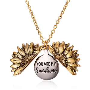 You Are My Sunshine Sunflower Double Layer Lettering Necklace Women Jewelry Gifts Open Locket Pendant Necklace