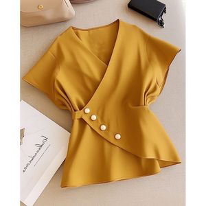 เสื้อเบลาส์คอวีติดกระดุมมุกสำหรับผู้หญิง - เสื้อเชิ้ตแฟชั่นแขนสั้นระบายชายเสื้อสไตล์ลำลองสำหรับใส่ทำงาน - Product Image 3