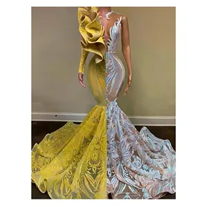 Sang Trọng Dài Nàng Tiên Cá Buổi Tối Dresses Lấp Lánh Sequin Vàng Đầy Đủ Tay Áo Ruffles Phụ Nữ Trang Phục Chính Thức Prom Áo Cho Người Nổi Tiếng