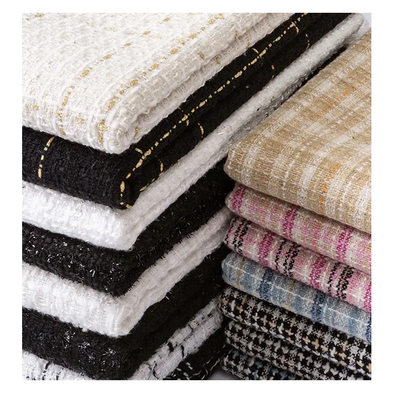 Großhandel 100 % Polyester Wollstoff Faser Karussell Check gewebtes Wollgarn gefärbter Tweed-Gewebe für Mantel Kleidung Kleid Weste Rock