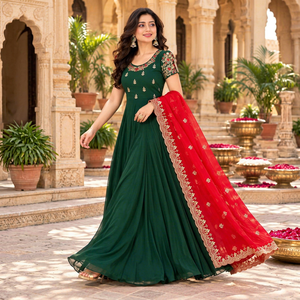 Nuevo Vestido Anarkali Verde Esmeralda con Bordado Floral y Dupatta Roja, Diseño de Moda para Bodas y Fiestas Indias - Product Image 1