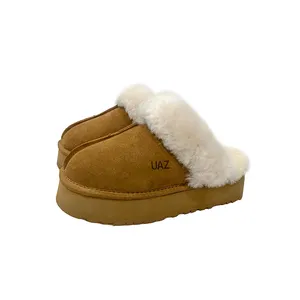 Custom Lovely comfortable Real Shearling Warm Winter Sheepskin Fur Thick Sole Uggh Slippers For Women
