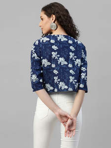 DEEBACO Bolero de Algodón Índigo Floral para Mujer, con Lazos, Abierto por Delante, Manga Corta, Ajuste Relajado, Estilo Western, de Una Pieza, Casual - Product Image 6