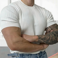 T-shirt côtelé à col rond pour homme, coupe ajustée, respirant, manches courtes, décontracté, extensible, été, haut de gamme, personnalisable avec logo