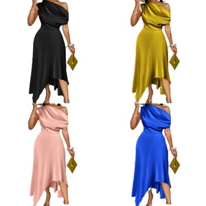 Custom Women Asymmetrical <b>One</b> Shoulder Solid Color Casual <b>Dress</b> Elegant Shoulder Waist Belt Side Split Washable Natural - Product Image 2
