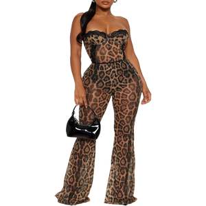 Ensemble pantalon et body sexy imprimé léopard personnalisé 2026, épaules dénudées, moulant, en maille transparente, tenue de club, mode Y2K pour femme - Product Image 4