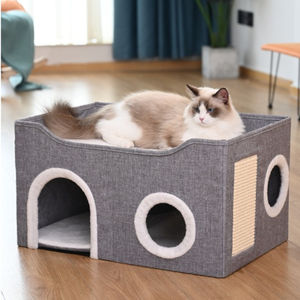 Mode Katzen betten Großes Indoor <span class=keywords><strong>Cat</strong></span> Cave Haustier bett mit flauschigem Ball & Scratch Pad Solid Pattern Wildleder Faltbares Versteck für Katzen - Product Image 2