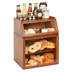 Armazenamento de madeira rústica do pão do marrom da cozinha do vintage com janelas transparentes caixa de pão