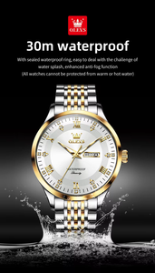 OLEVS 2923 Jam Tangan Kuarsa Pria Bulat Dua Warna Emas Gelang Baja Dial Bertatahkan Berlian 30M Tahan Air untuk Bisnis dan Acara Formal - Product Image 4