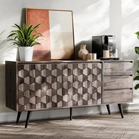 Buffet en bois de style Mid-Century avec portes texturées géométriques 3D et trois tiroirs, meuble de rangement pour salon et entrée