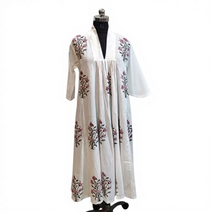 100% Cotton Bohemian Floral V-neck Hand Block-Printed Eco-Friendly Loose Fit <b>Summer</b> Spring ODM <b>Kaftan</b> Maxi Dress with Pockets - Product Image 2