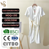 Robe midi élégante à col en V, manches courtes, boutonnée sur le devant, avec ceinture à nouer, pour le bureau, OEM